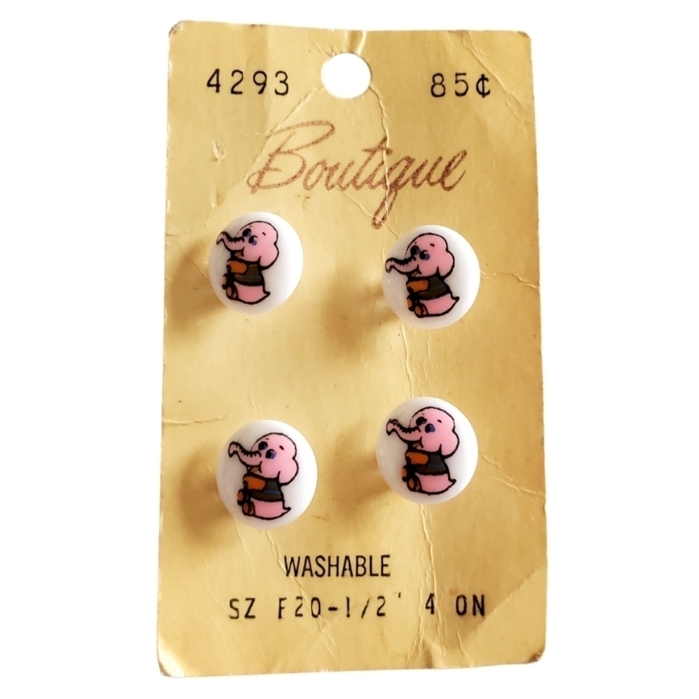 Boutique Vintage Pink Elephant Buttons Mint On Card